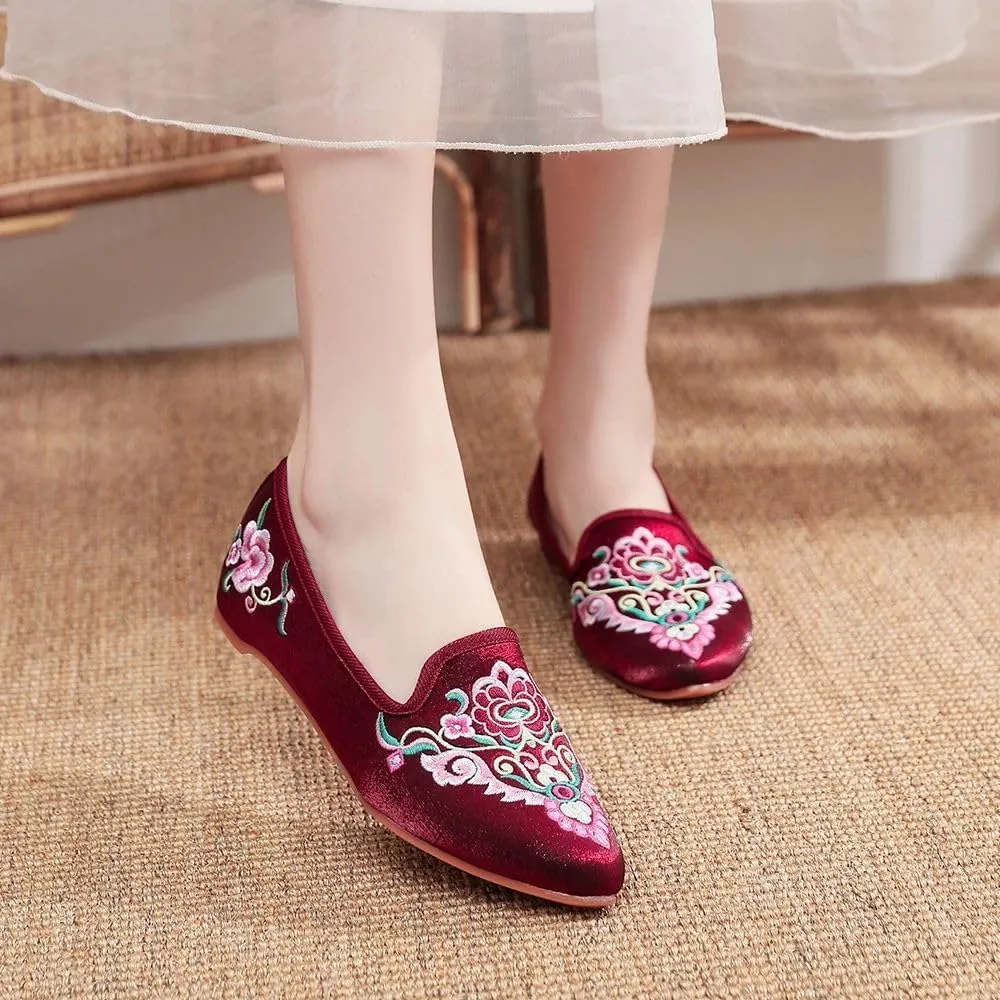 JYHBHMZG Handmade Wommen Spring Beautiful Folk Embroidery Ballet Flats Comfort Soft Canvas Shoes for Woman Flat Shoes