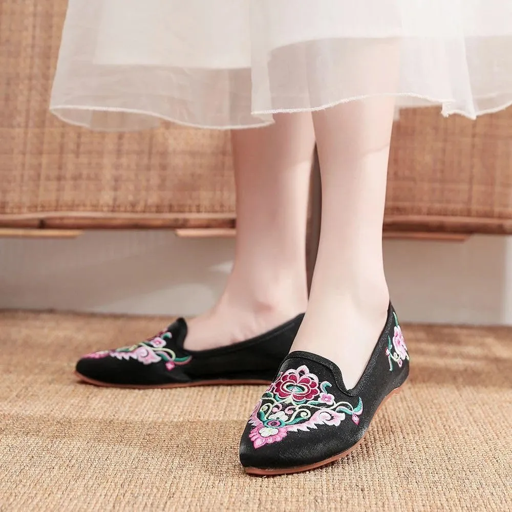 JYHBHMZG Handmade Wommen Spring Beautiful Folk Embroidery Ballet Flats Comfort Soft Canvas Shoes for Woman Flat Shoes