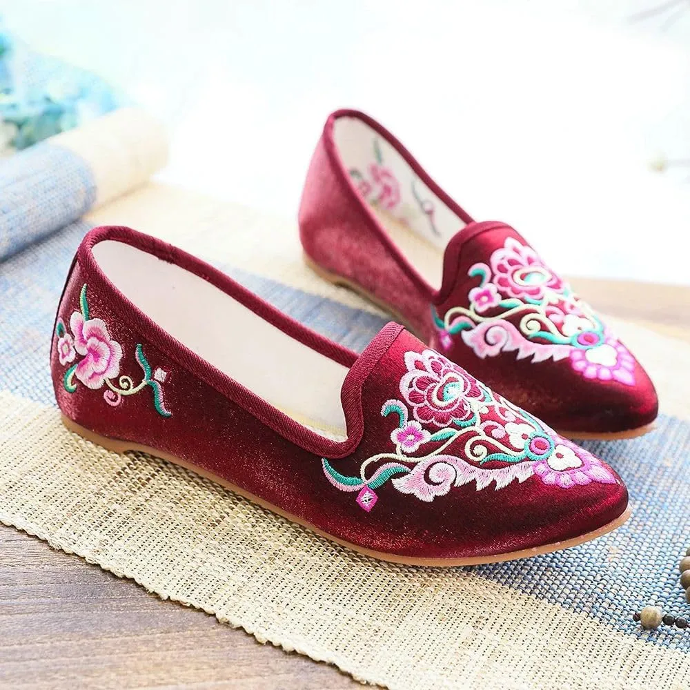JYHBHMZG Handmade Wommen Spring Beautiful Folk Embroidery Ballet Flats Comfort Soft Canvas Shoes for Woman Flat Shoes