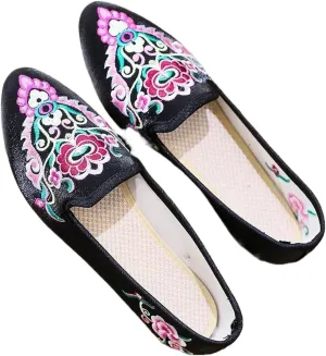 JYHBHMZG Handmade Wommen Spring Beautiful Folk Embroidery Ballet Flats Comfort Soft Canvas Shoes for Woman Flat Shoes
