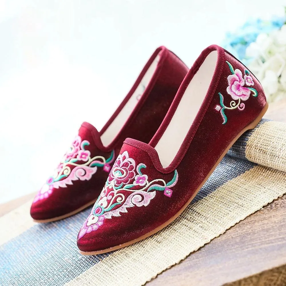 JYHBHMZG Handmade Wommen Spring Beautiful Folk Embroidery Ballet Flats Comfort Soft Canvas Shoes for Woman Flat Shoes