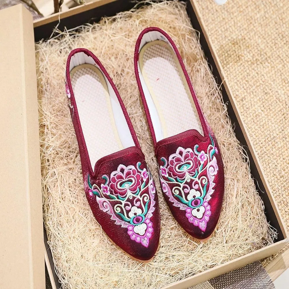 JYHBHMZG Handmade Wommen Spring Beautiful Folk Embroidery Ballet Flats Comfort Soft Canvas Shoes for Woman Flat Shoes