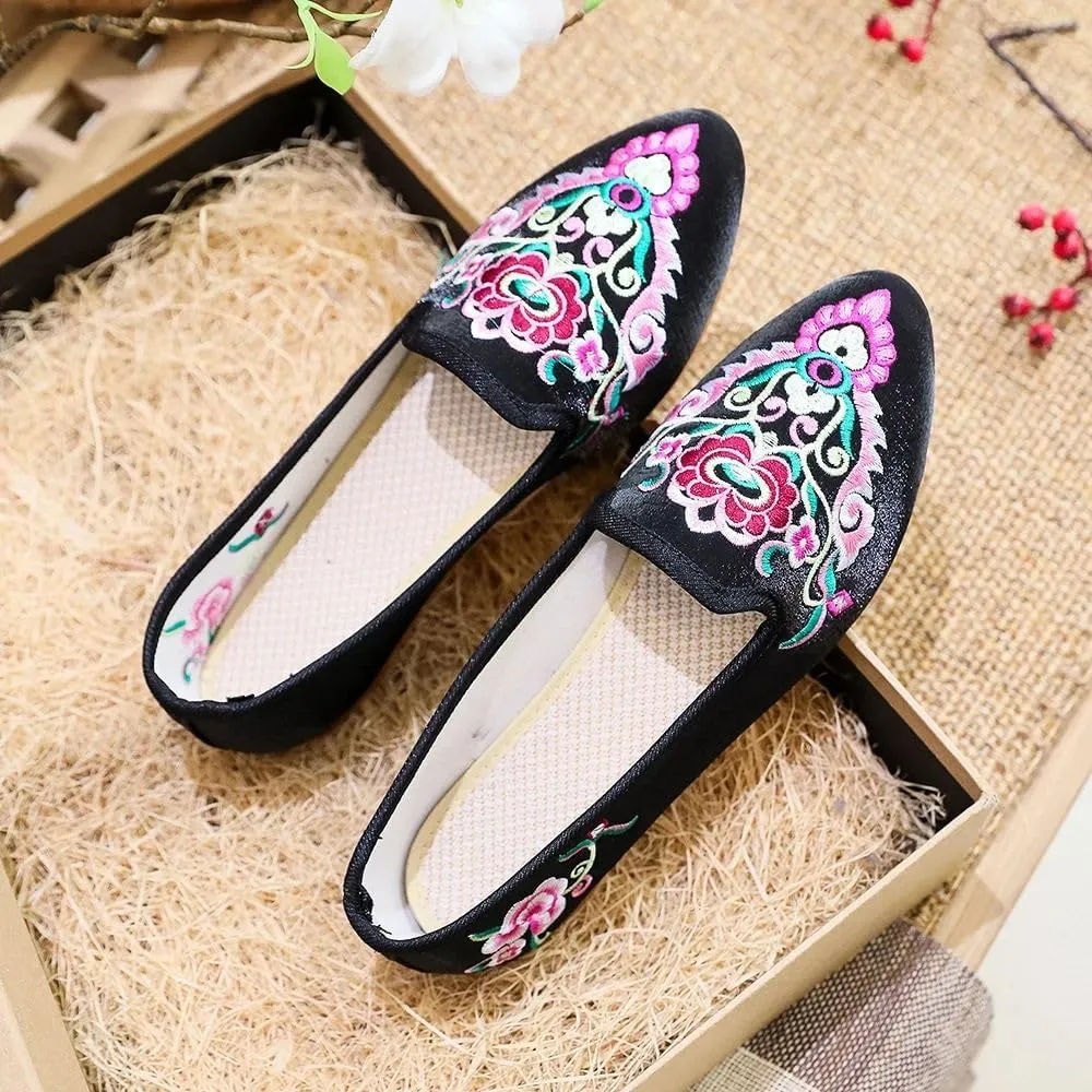 JYHBHMZG Handmade Wommen Spring Beautiful Folk Embroidery Ballet Flats Comfort Soft Canvas Shoes for Woman Flat Shoes