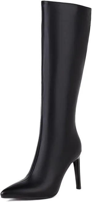 keleimusi Womens Elegant Pointed Toe Stiletto Mid Calf Boots Side Zipper High Heels Winter Warm Booties White Black