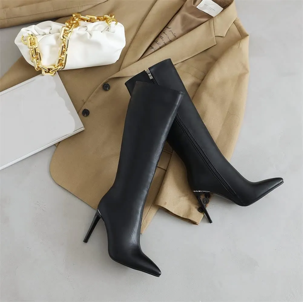 keleimusi Womens Elegant Pointed Toe Stiletto Mid Calf Boots Side Zipper High Heels Winter Warm Booties White Black