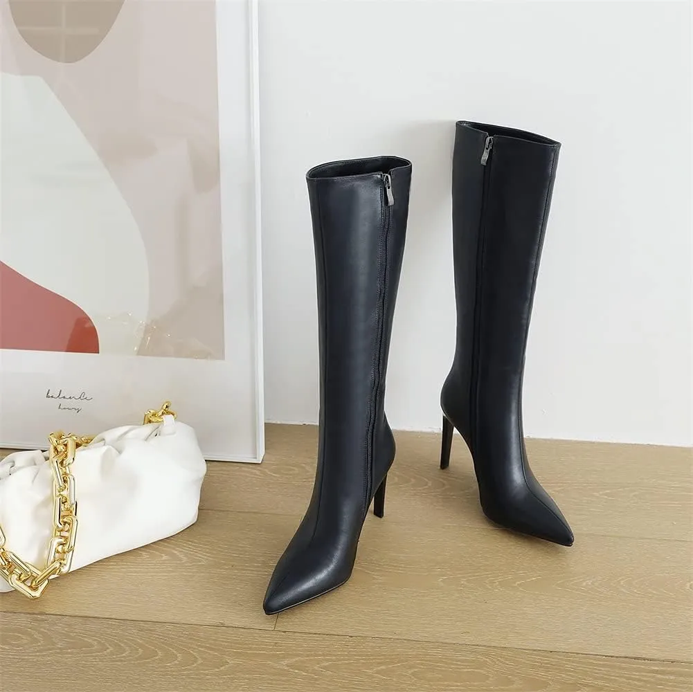 keleimusi Womens Elegant Pointed Toe Stiletto Mid Calf Boots Side Zipper High Heels Winter Warm Booties White Black