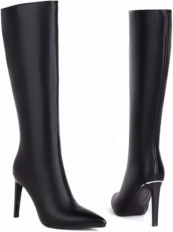 keleimusi Womens Elegant Pointed Toe Stiletto Mid Calf Boots Side Zipper High Heels Winter Warm Booties White Black