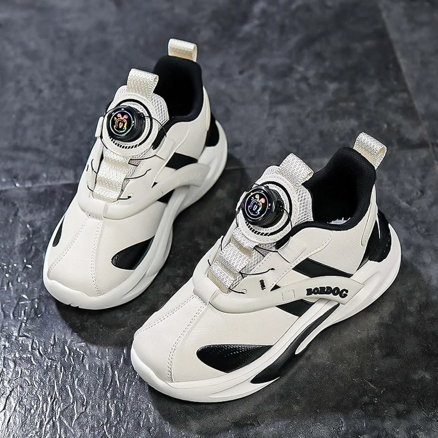 Kid's Rotating Buckle Running Shoes, Breathable and Lightweight Walking Shoes, Anti Slip and Wear-Resistant Sports Shoes, Synthetic Leather Upper Running Shoes, Short Distance Running Shoes.