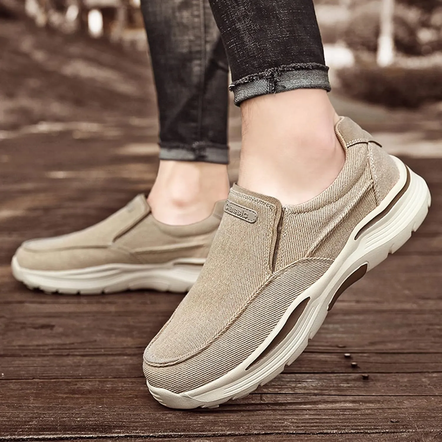 Men's Canvas Slip On Orthopedic Flats Loafers with Elastic Band Causal Fashion Breathable Non Slip Outdoor Walking Shoes Lightweight Comfortable Sneakers Driving Boat Shoes