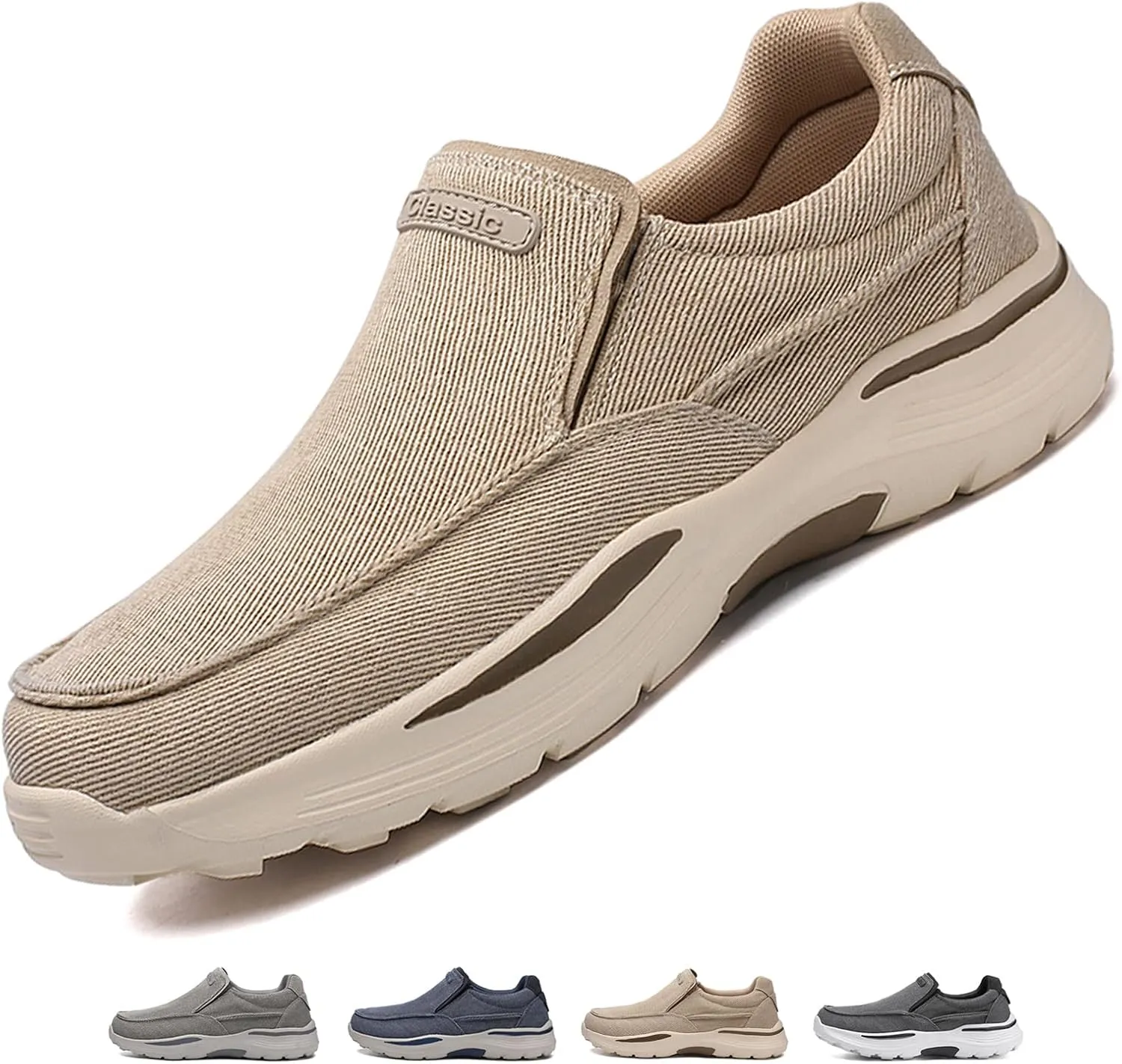 Men's Canvas Slip On Orthopedic Flats Loafers with Elastic Band Causal Fashion Breathable Non Slip Outdoor Walking Shoes Lightweight Comfortable Sneakers Driving Boat Shoes