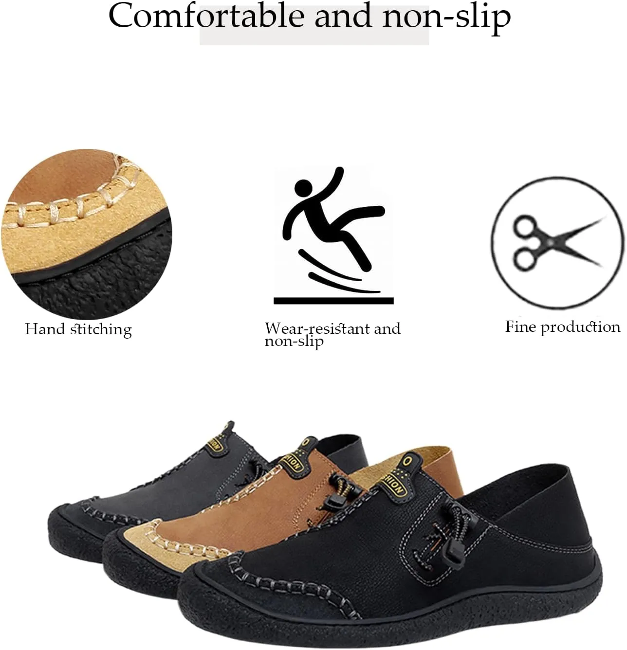 Men's Flat Casual Loafers Hand-Sewn Leather Driving Shoes with Non-Slip Elastic Band, Comfortable Soft Sole for Walking and Daily Use