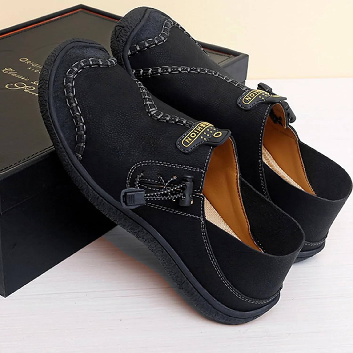 Men's Flat Casual Loafers Hand-Sewn Leather Driving Shoes with Non-Slip Elastic Band, Comfortable Soft Sole for Walking and Daily Use