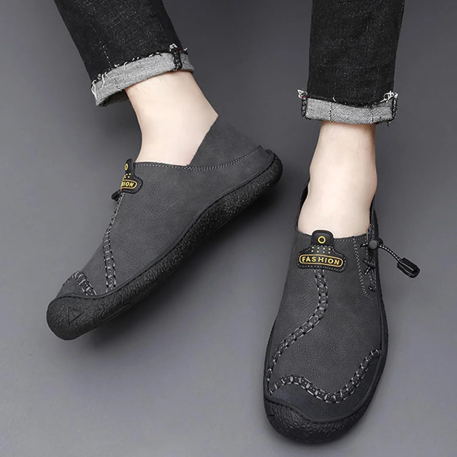 Men's Flat Casual Loafers Hand-Sewn Leather Driving Shoes with Non-Slip Elastic Band, Comfortable Soft Sole for Walking and Daily Use