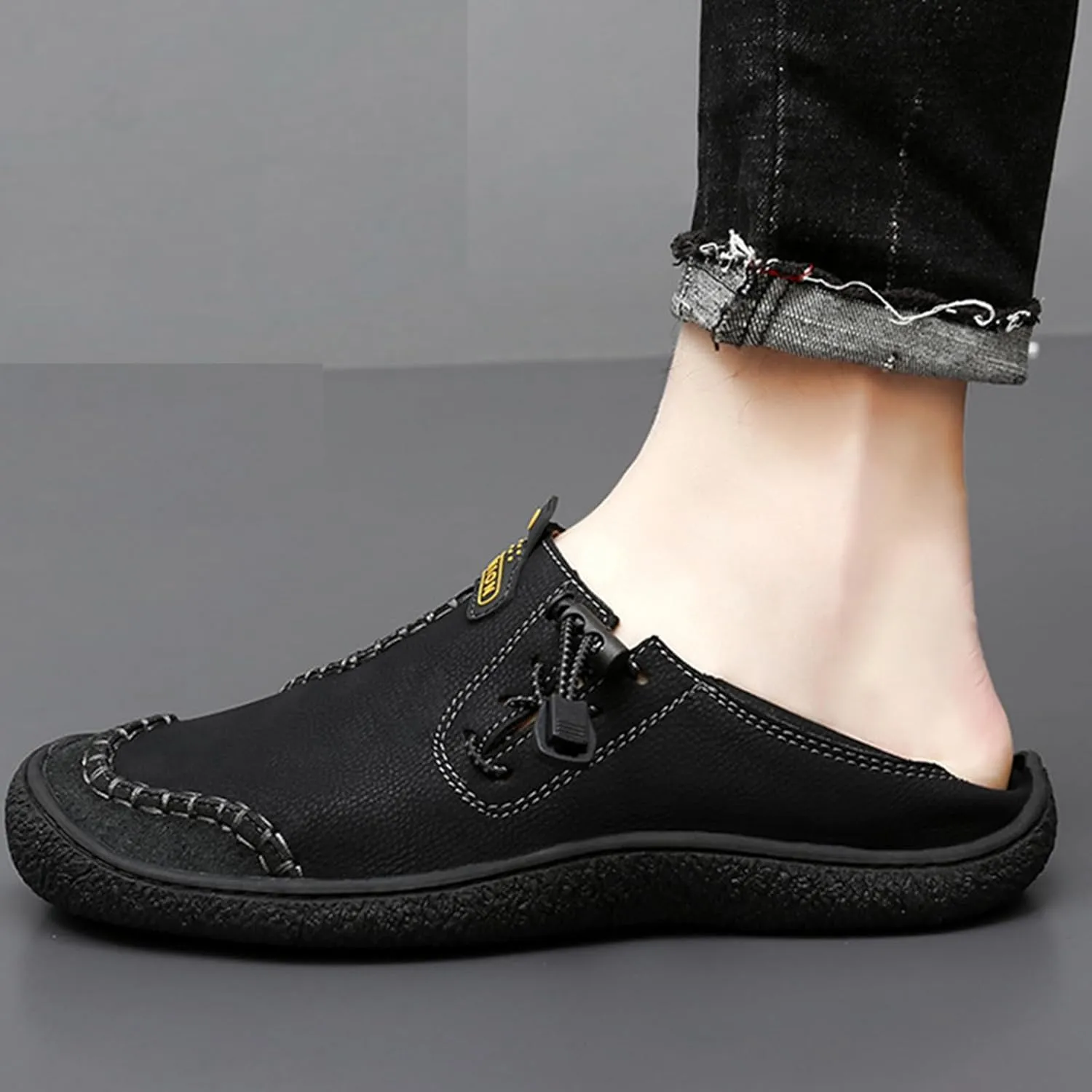 Men's Flat Casual Loafers Hand-Sewn Leather Driving Shoes with Non-Slip Elastic Band, Comfortable Soft Sole for Walking and Daily Use