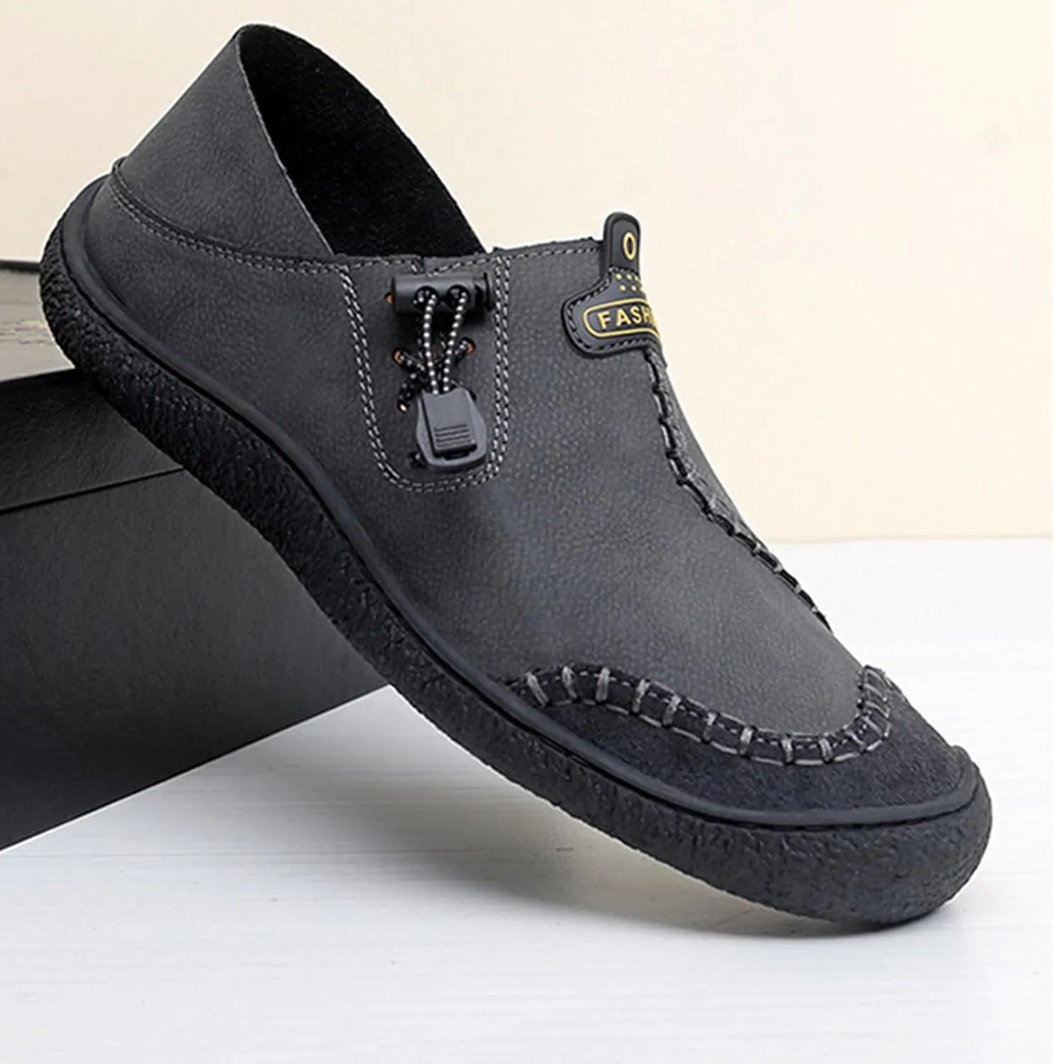 Men's Flat Casual Loafers Hand-Sewn Leather Driving Shoes with Non-Slip Elastic Band, Comfortable Soft Sole for Walking and Daily Use