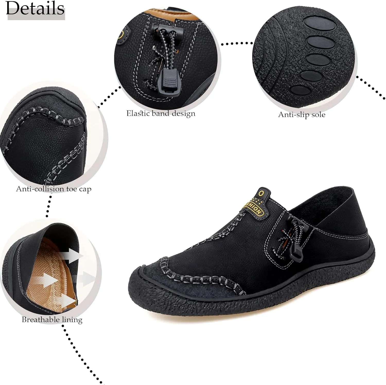 Men's Flat Casual Loafers Hand-Sewn Leather Driving Shoes with Non-Slip Elastic Band, Comfortable Soft Sole for Walking and Daily Use