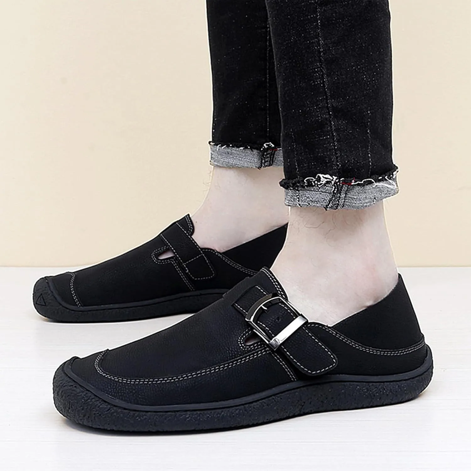 Men's Genuine Leather Monk Buckle Flat Driving Loafers Classic Round Toe Hand-Sewn Soft Sole Non-Slip Wear-Resistant Lightweight Casual Shoes Daily Work Shoes