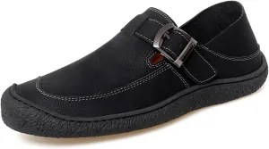 Men's Genuine Leather Monk Buckle Flat Driving Loafers Classic Round Toe Hand-Sewn Soft Sole Non-Slip Wear-Resistant Lightweight Casual Shoes Daily Work Shoes