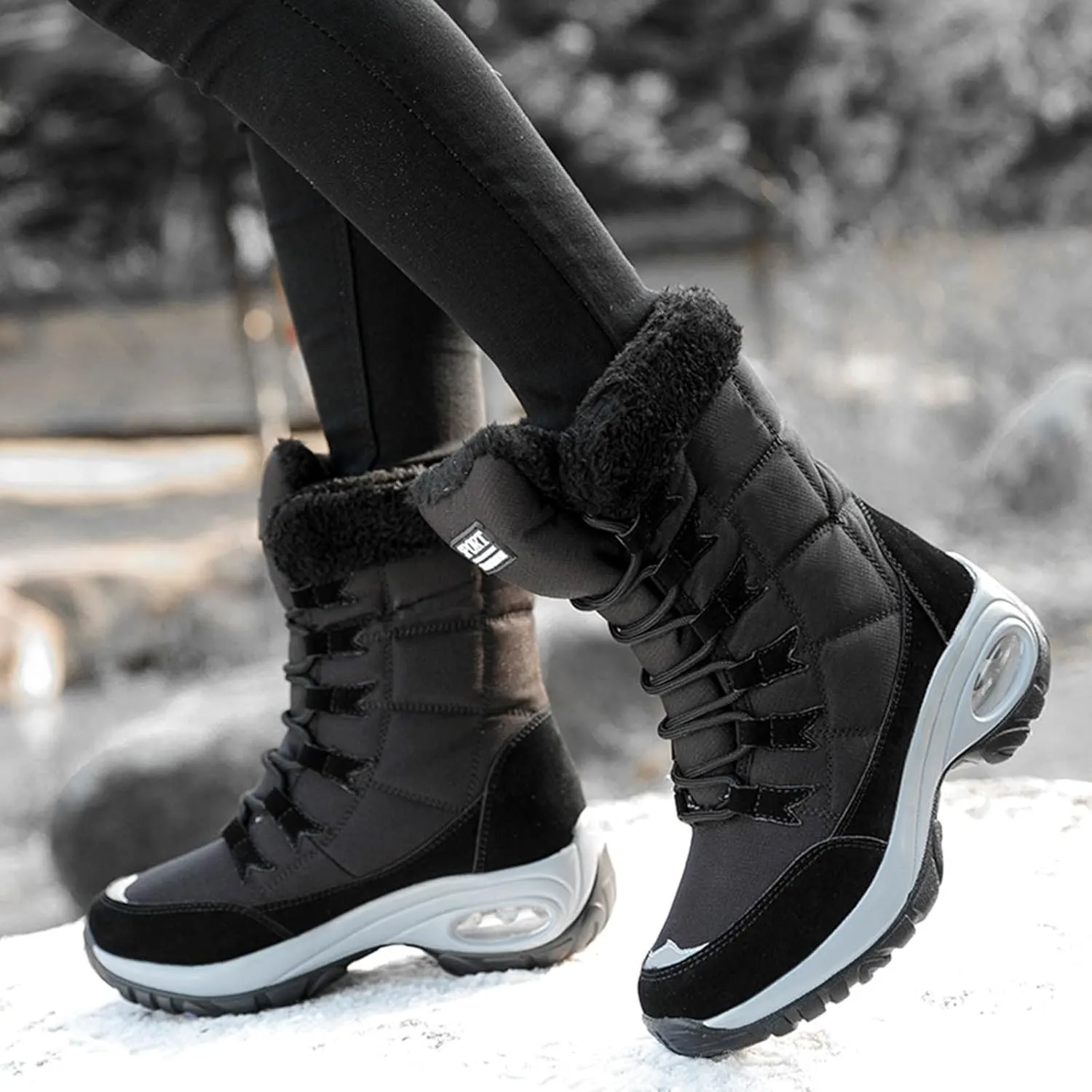 Men's Hiking Boot Wool Warm Lace Up Mid Calf Boots Insulated Thick Bottom Snow Boots Air Cushion Winter Boots