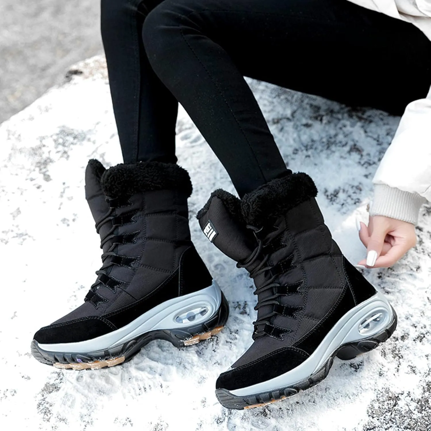 Men's Hiking Boot Wool Warm Lace Up Mid Calf Boots Insulated Thick Bottom Snow Boots Air Cushion Winter Boots