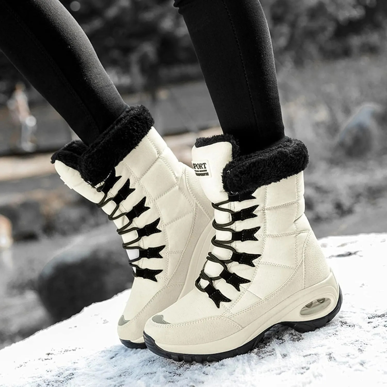 Men's Hiking Boot Wool Warm Lace Up Mid Calf Boots Insulated Thick Bottom Snow Boots Air Cushion Winter Boots