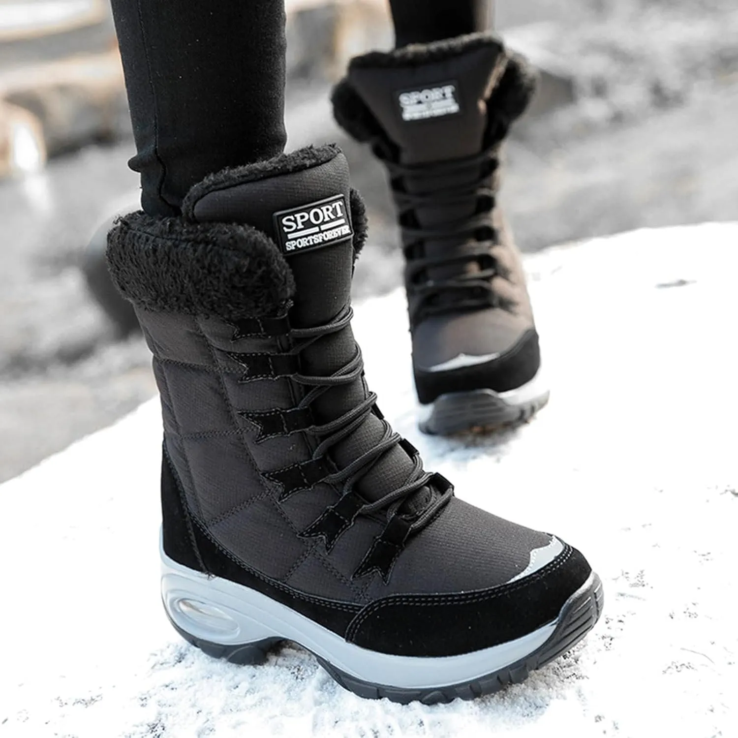 Men's Hiking Boot Wool Warm Lace Up Mid Calf Boots Insulated Thick Bottom Snow Boots Air Cushion Winter Boots
