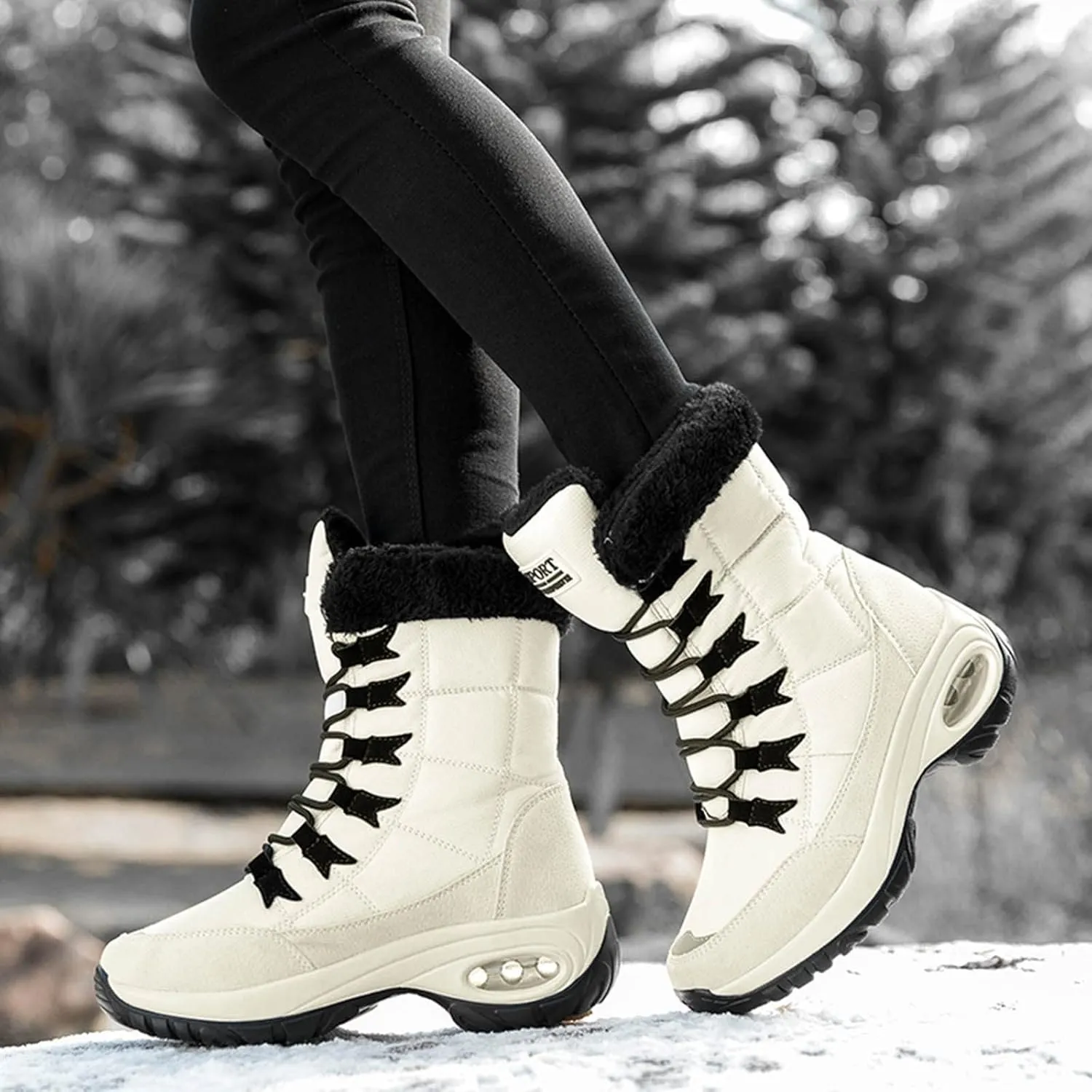 Men's Hiking Boot Wool Warm Lace Up Mid Calf Boots Insulated Thick Bottom Snow Boots Air Cushion Winter Boots