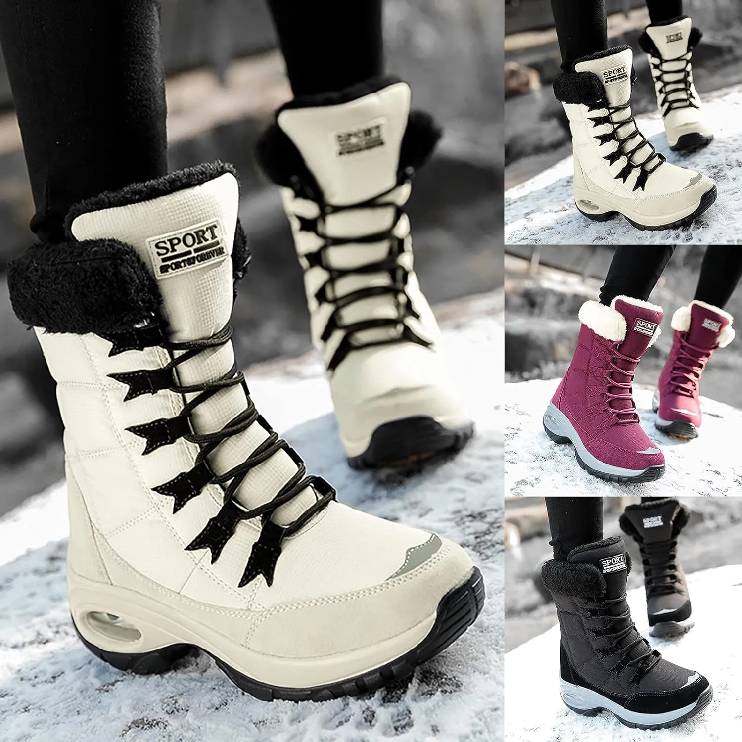 Men's Hiking Boot Wool Warm Lace Up Mid Calf Boots Insulated Thick Bottom Snow Boots Air Cushion Winter Boots