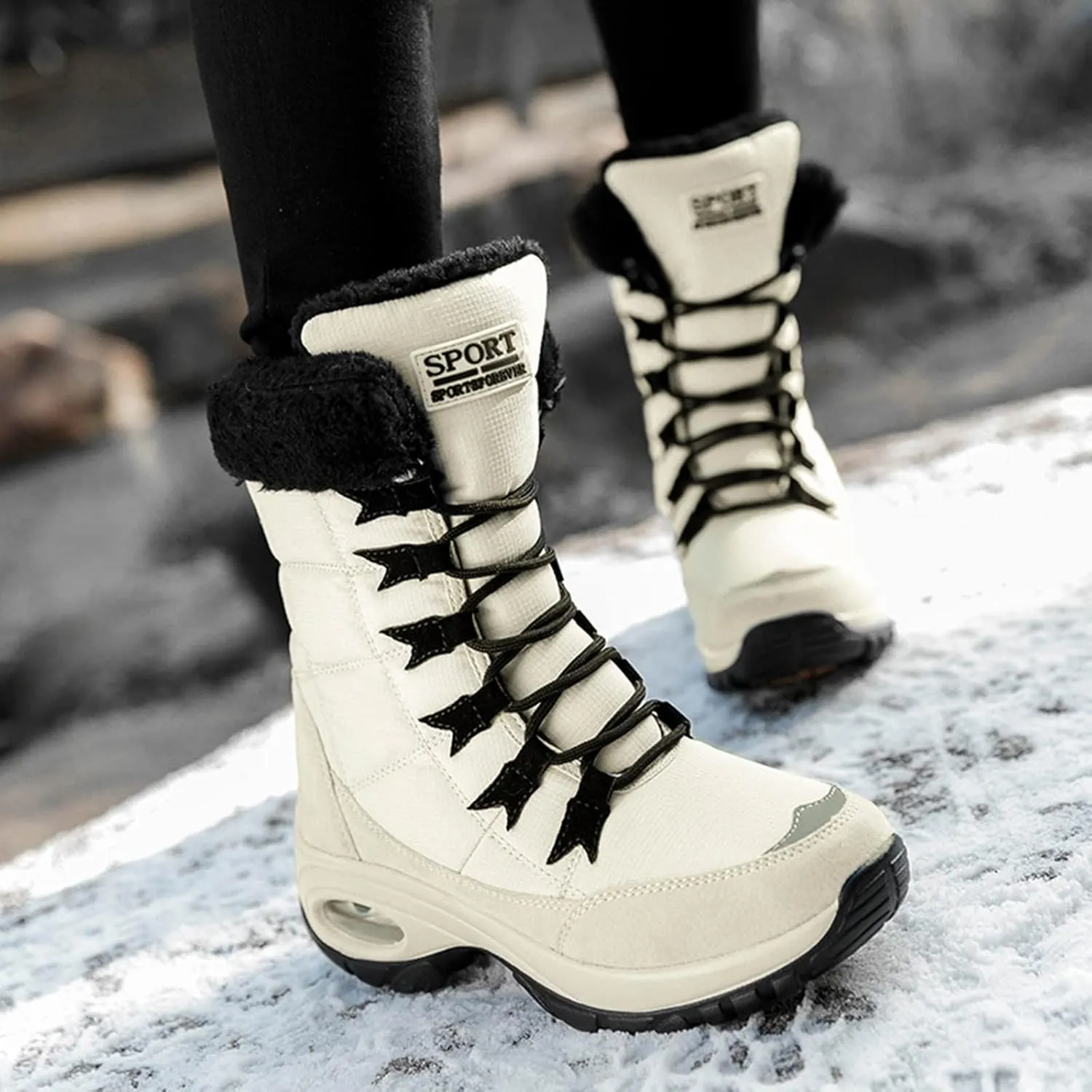 Men's Hiking Boot Wool Warm Lace Up Mid Calf Boots Insulated Thick Bottom Snow Boots Air Cushion Winter Boots