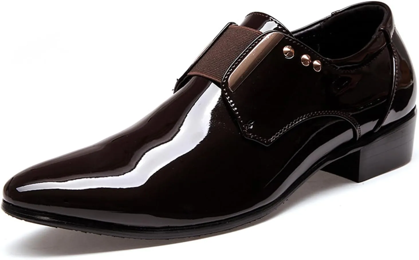 Men's Patent Leather Elastic Band Low Top Dress Business Loafers Fashion Pointed Toe Low Heeled Slip-On Formal Tuxedo Derby Shoes Classic Modern Formal Leather Shoes