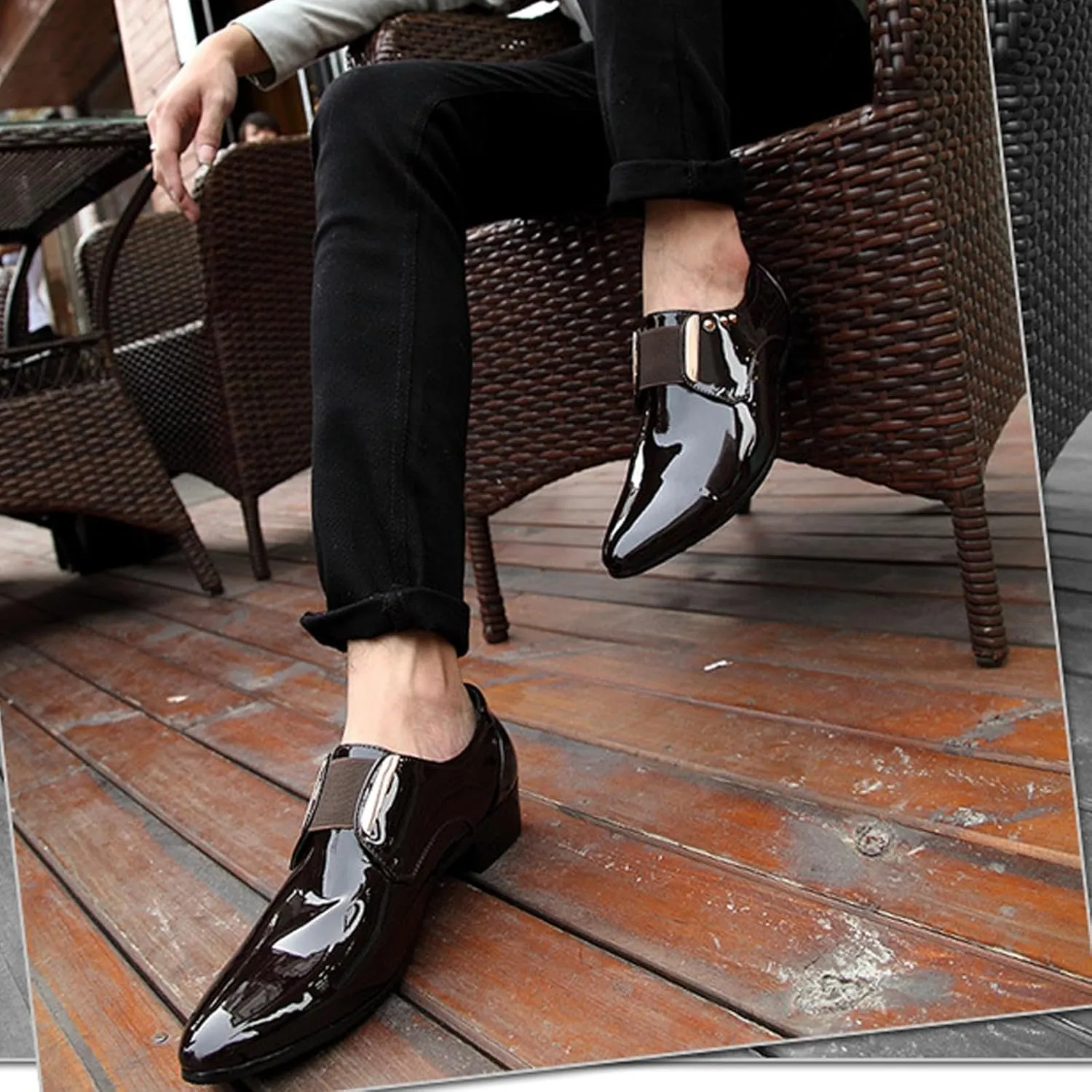 Men's Patent Leather Elastic Band Low Top Dress Business Loafers Fashion Pointed Toe Low Heeled Slip-On Formal Tuxedo Derby Shoes Classic Modern Formal Leather Shoes