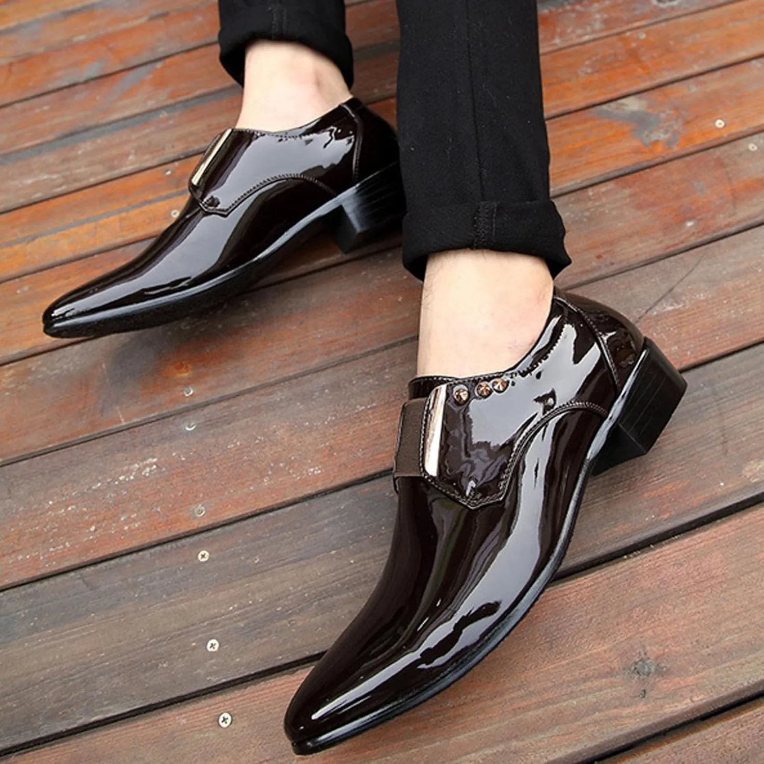 Men's Patent Leather Elastic Band Low Top Dress Business Loafers Fashion Pointed Toe Low Heeled Slip-On Formal Tuxedo Derby Shoes Classic Modern Formal Leather Shoes