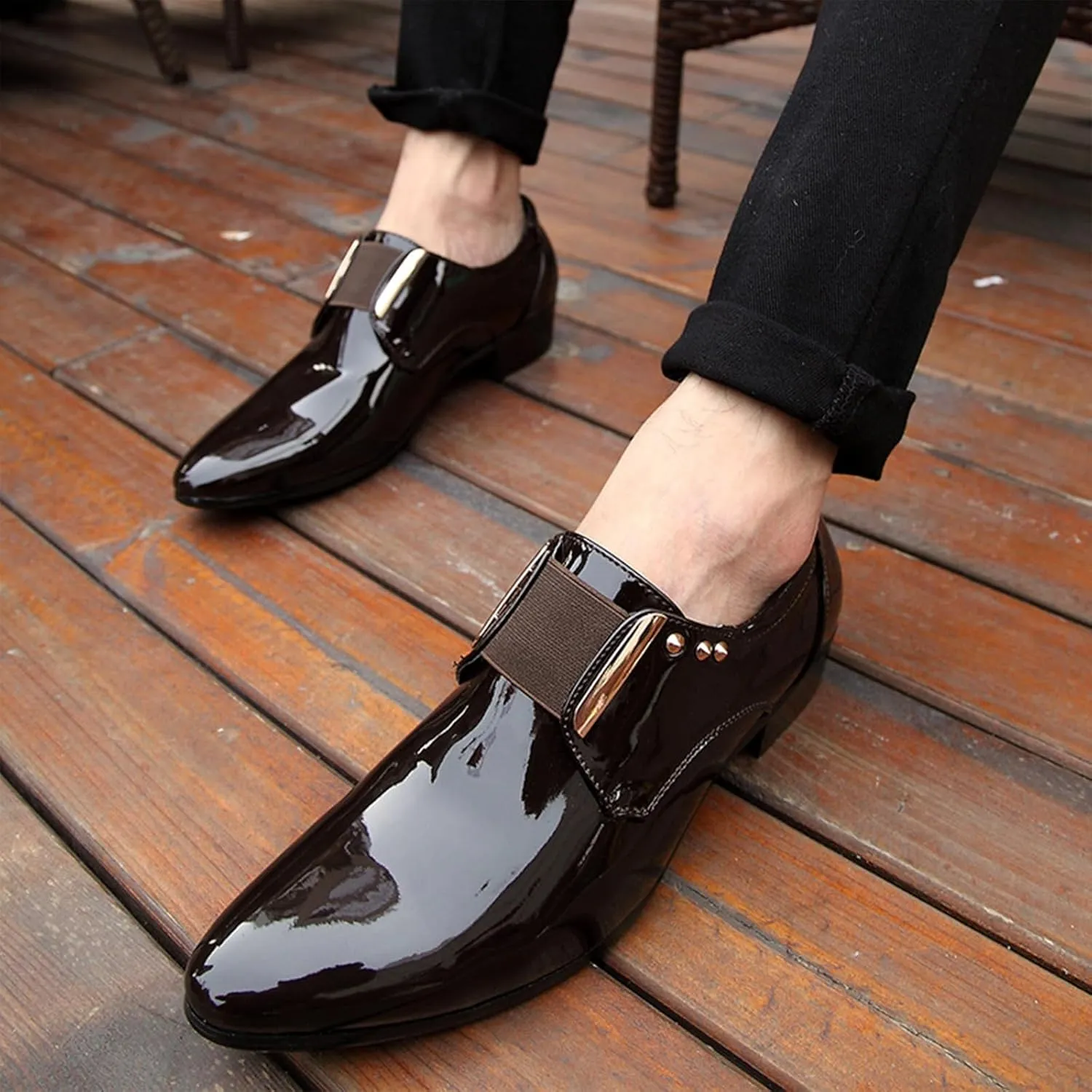 Men's Patent Leather Elastic Band Low Top Dress Business Loafers Fashion Pointed Toe Low Heeled Slip-On Formal Tuxedo Derby Shoes Classic Modern Formal Leather Shoes