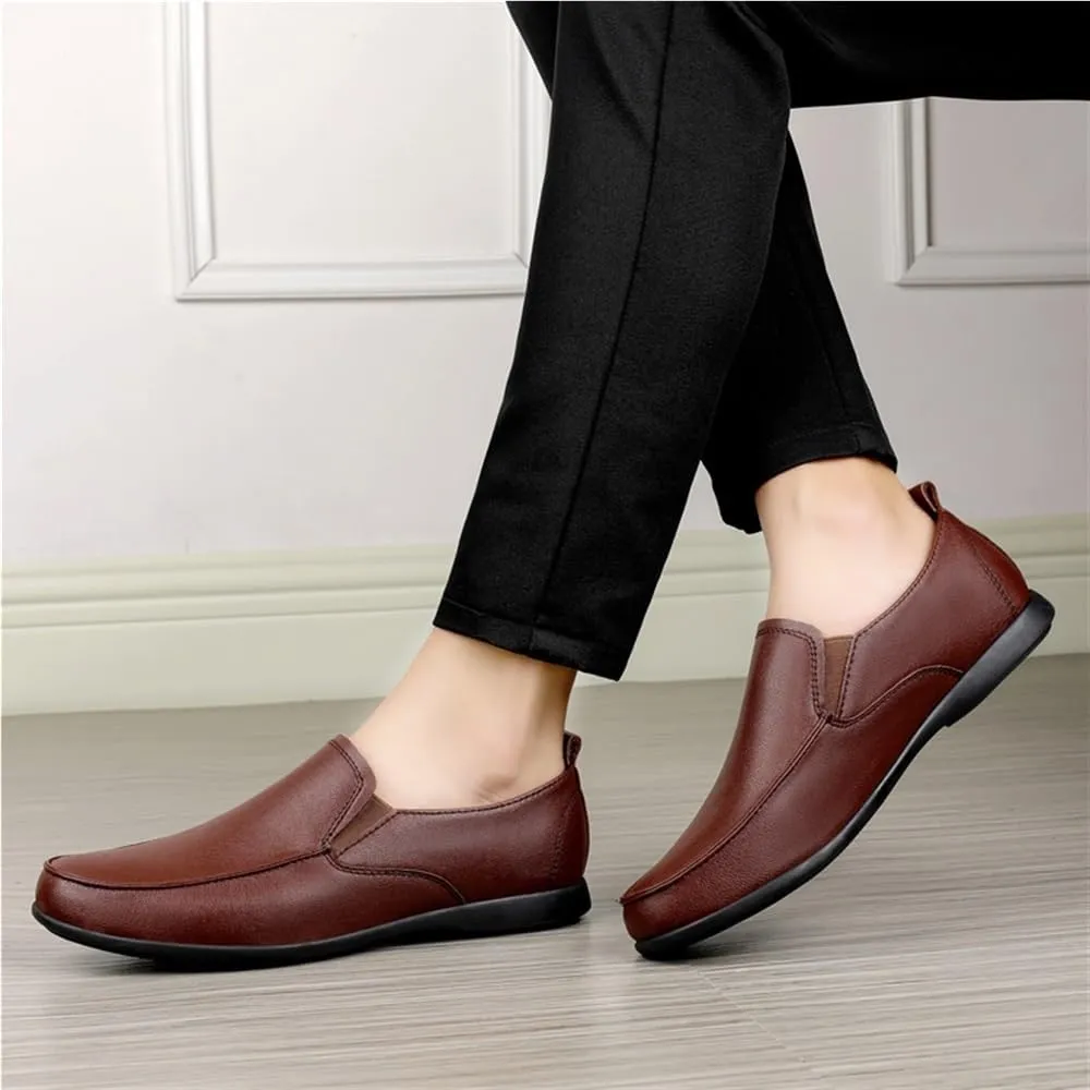 Mens Slip On Loafers Dual Elastic Band PU Leather Comfortable Walking Shoes Round Toe Flat Heel Casual Solid Color
