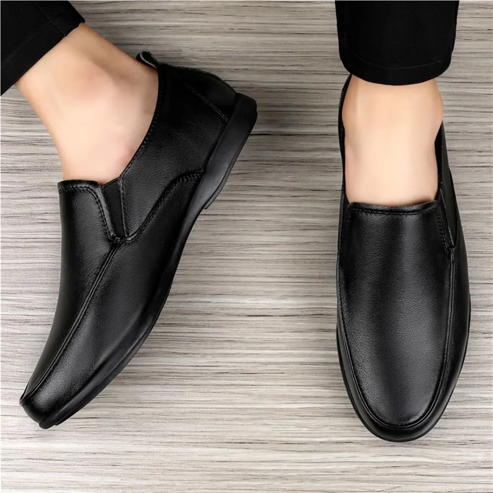 Mens Slip On Loafers Dual Elastic Band PU Leather Comfortable Walking Shoes Round Toe Flat Heel Casual Solid Color