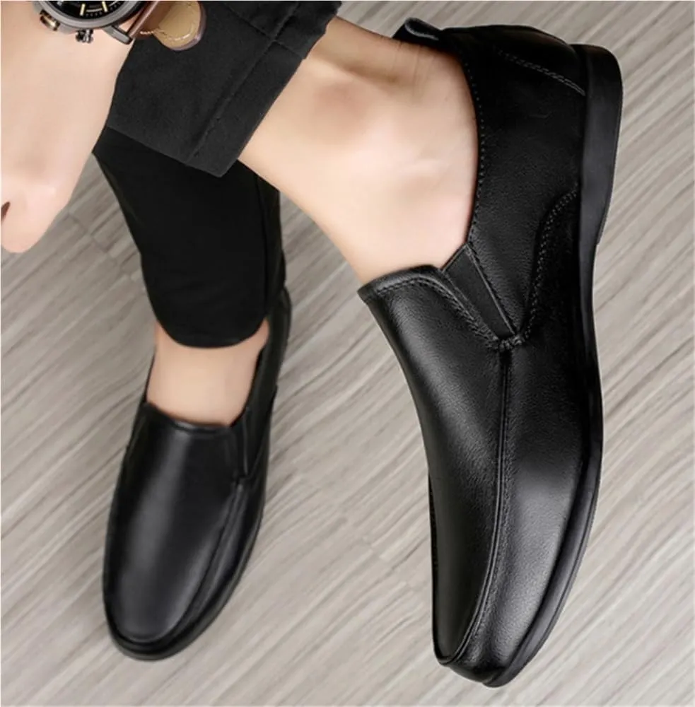 Mens Slip On Loafers Dual Elastic Band PU Leather Comfortable Walking Shoes Round Toe Flat Heel Casual Solid Color