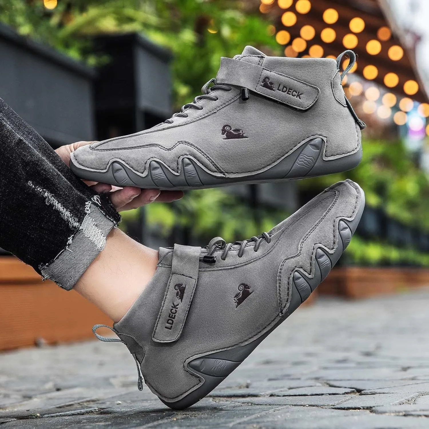 Men's Walking Shoes Trendy High Top Sneakers Hook and Loop Barefoot Shoes Soft Flat Soled Hiking Sneaker
