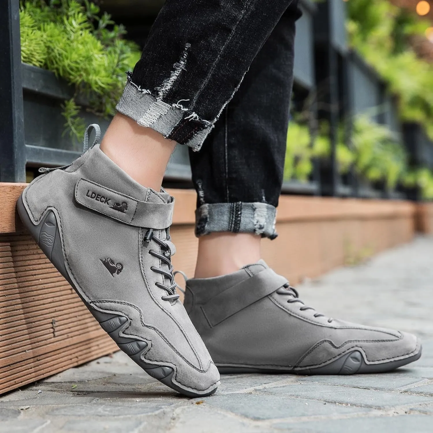 Men's Walking Shoes Trendy High Top Sneakers Hook and Loop Barefoot Shoes Soft Flat Soled Hiking Sneaker