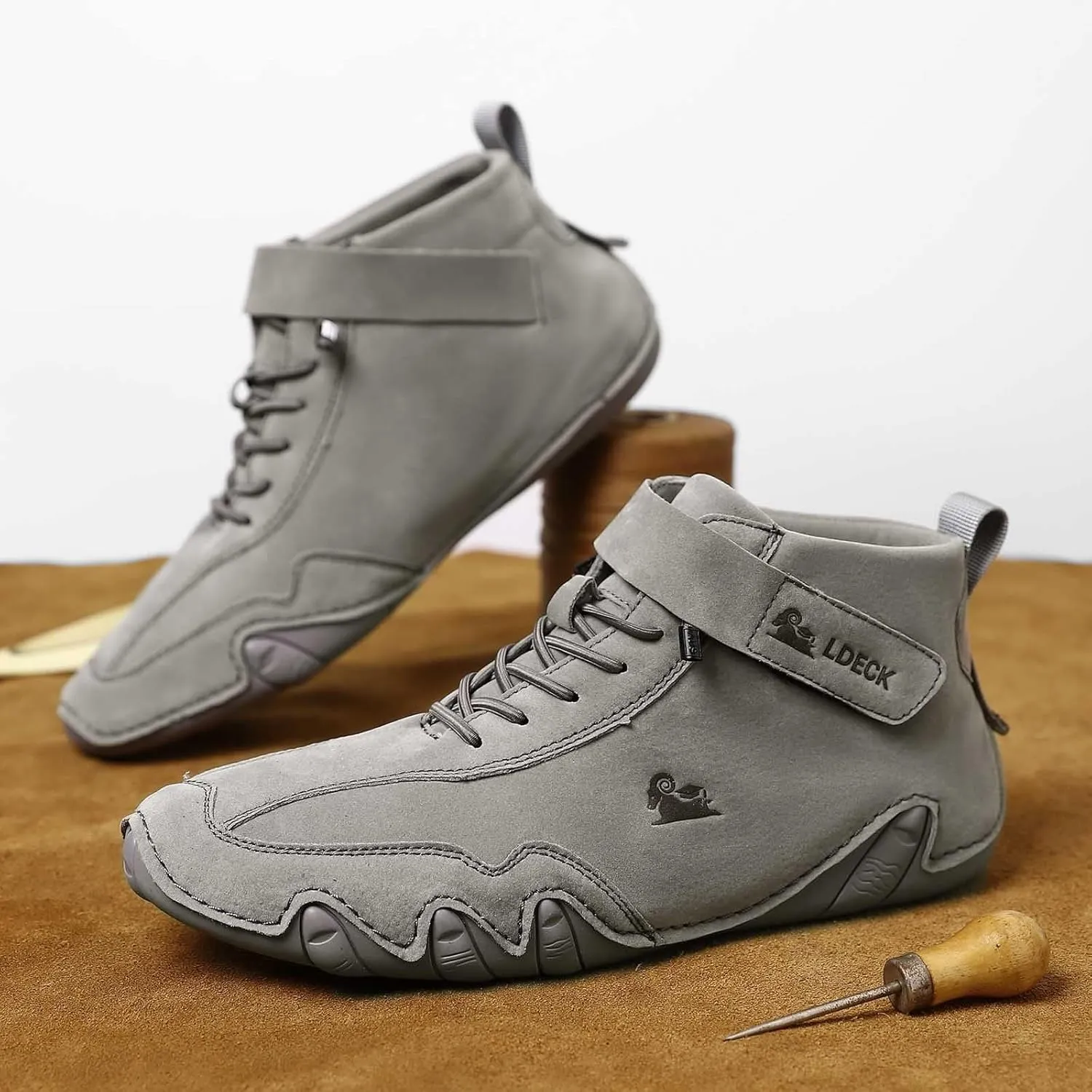 Men's Walking Shoes Trendy High Top Sneakers Hook and Loop Barefoot Shoes Soft Flat Soled Hiking Sneaker