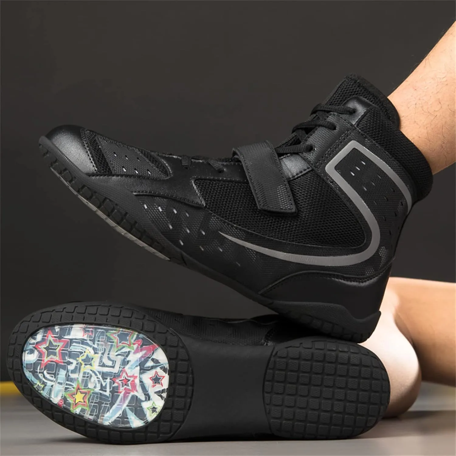 Men's Women's Boxing Boots, Leather Wrestling Footwear Anti-Slip Unisex Boxers Trainers Lightweight Fitness Shoes