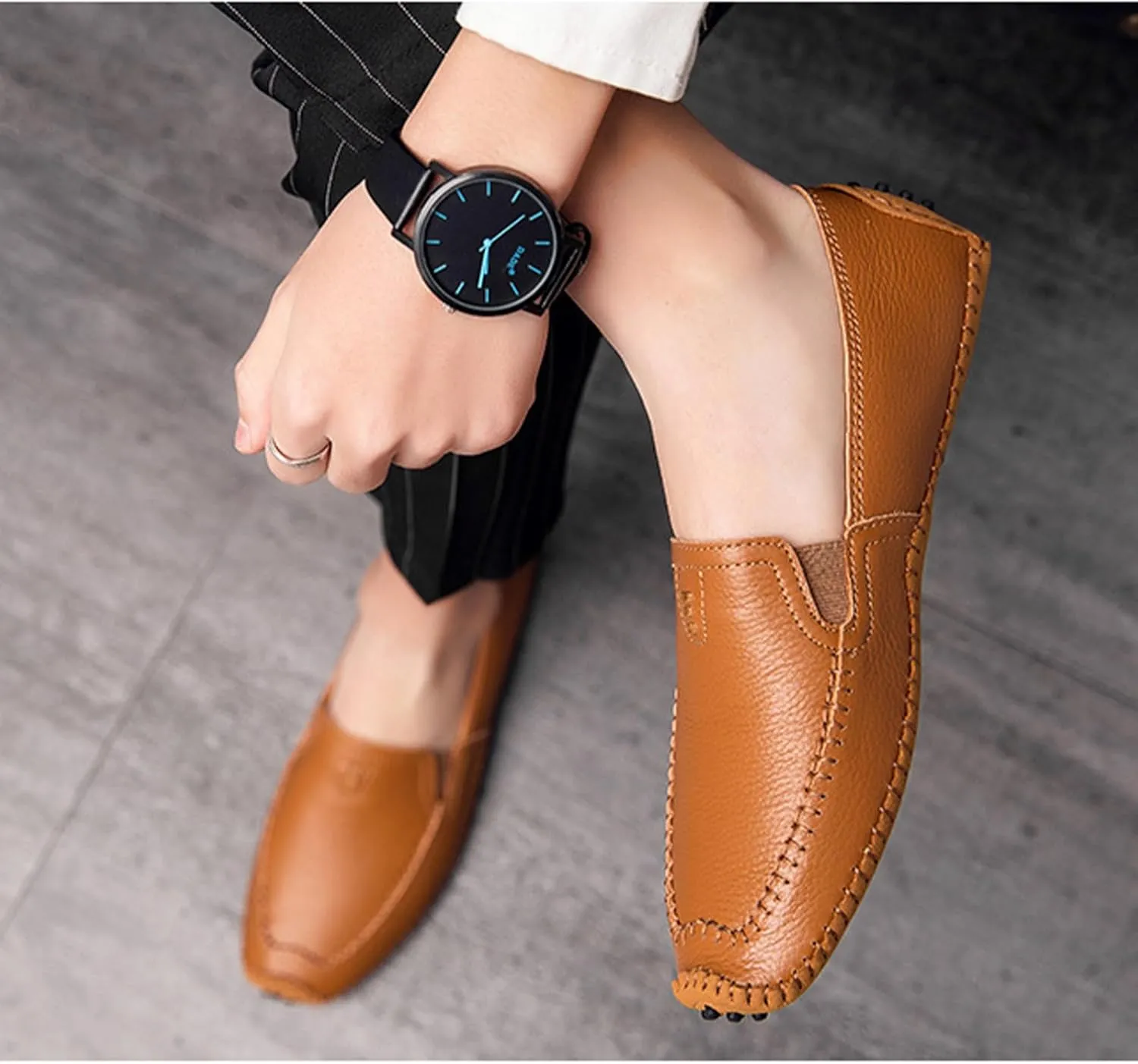 Menshand-Sewn Leather Anti Slip Flat Loafers Leisure Comfortable Slip On Soft Surface Bottom Flat Penny Driving Boat Shoes Lightweight Elastic Band Classic Formal Dress Leather Shoes