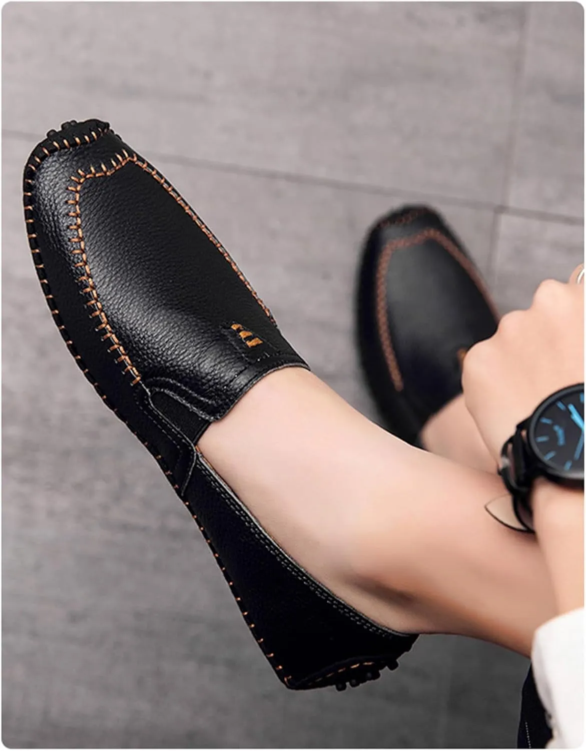 Menshand-Sewn Leather Anti Slip Flat Loafers Leisure Comfortable Slip On Soft Surface Bottom Flat Penny Driving Boat Shoes Lightweight Elastic Band Classic Formal Dress Leather Shoes