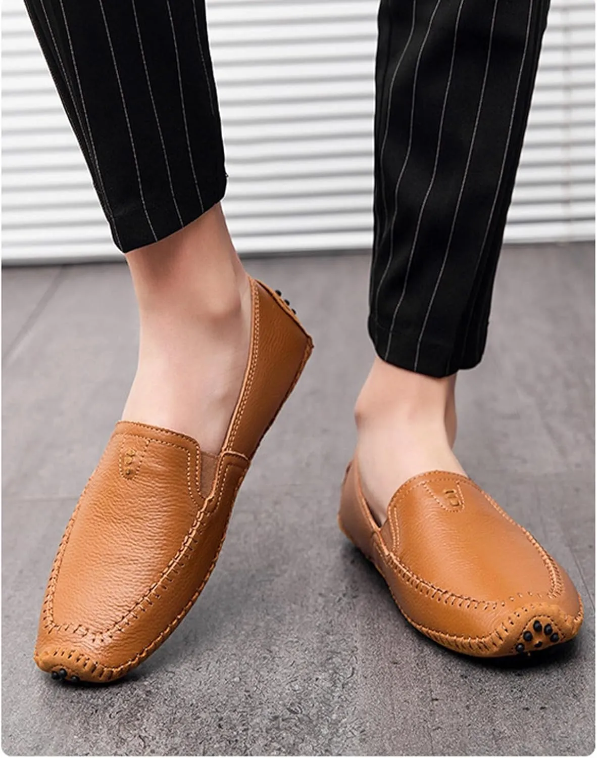Menshand-Sewn Leather Anti Slip Flat Loafers Leisure Comfortable Slip On Soft Surface Bottom Flat Penny Driving Boat Shoes Lightweight Elastic Band Classic Formal Dress Leather Shoes