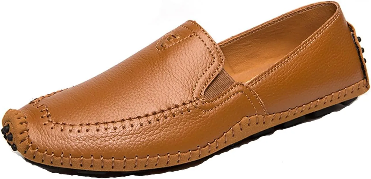 Menshand-Sewn Leather Anti Slip Flat Loafers Leisure Comfortable Slip On Soft Surface Bottom Flat Penny Driving Boat Shoes Lightweight Elastic Band Classic Formal Dress Leather Shoes