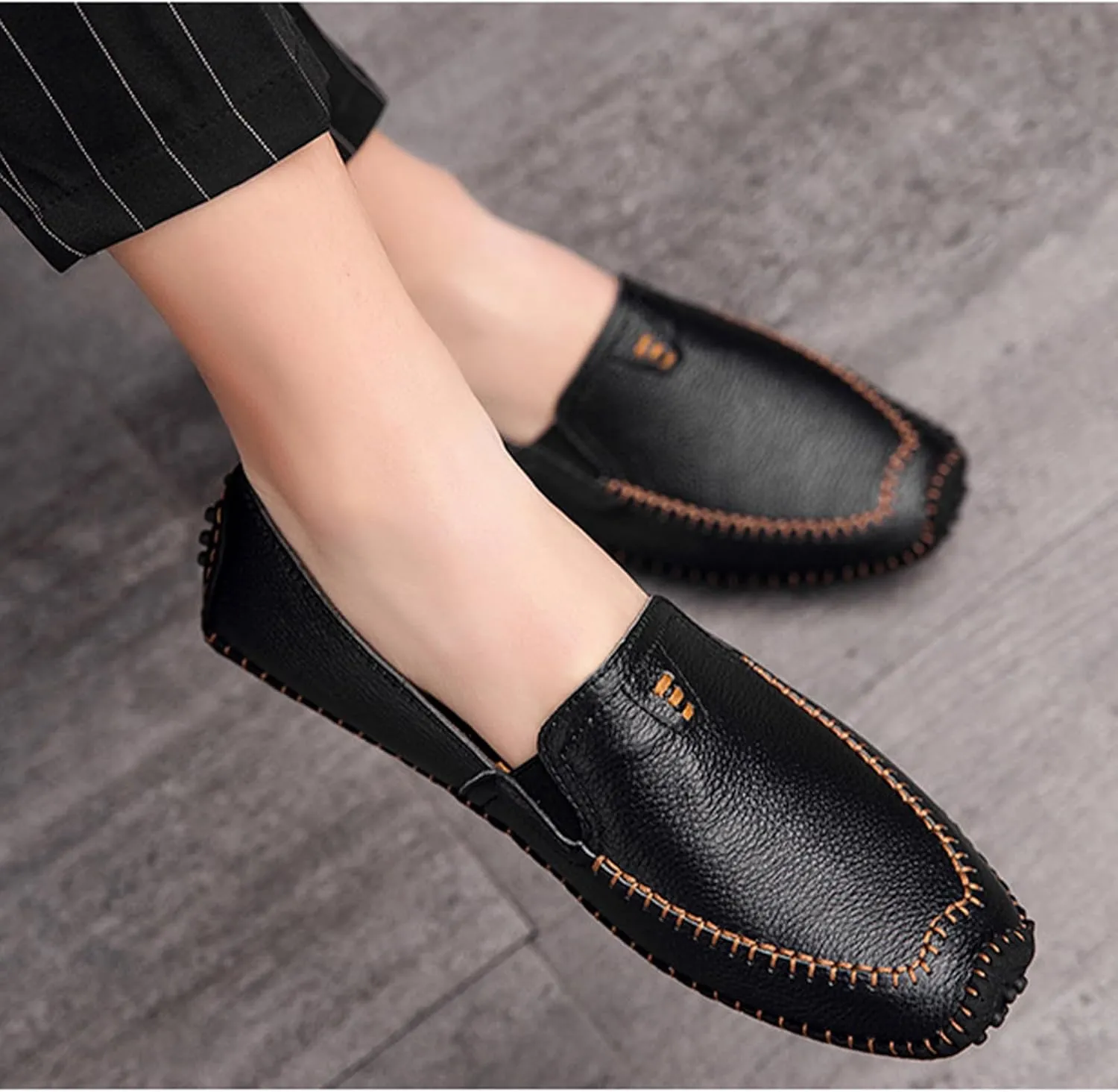 Menshand-Sewn Leather Anti Slip Flat Loafers Leisure Comfortable Slip On Soft Surface Bottom Flat Penny Driving Boat Shoes Lightweight Elastic Band Classic Formal Dress Leather Shoes