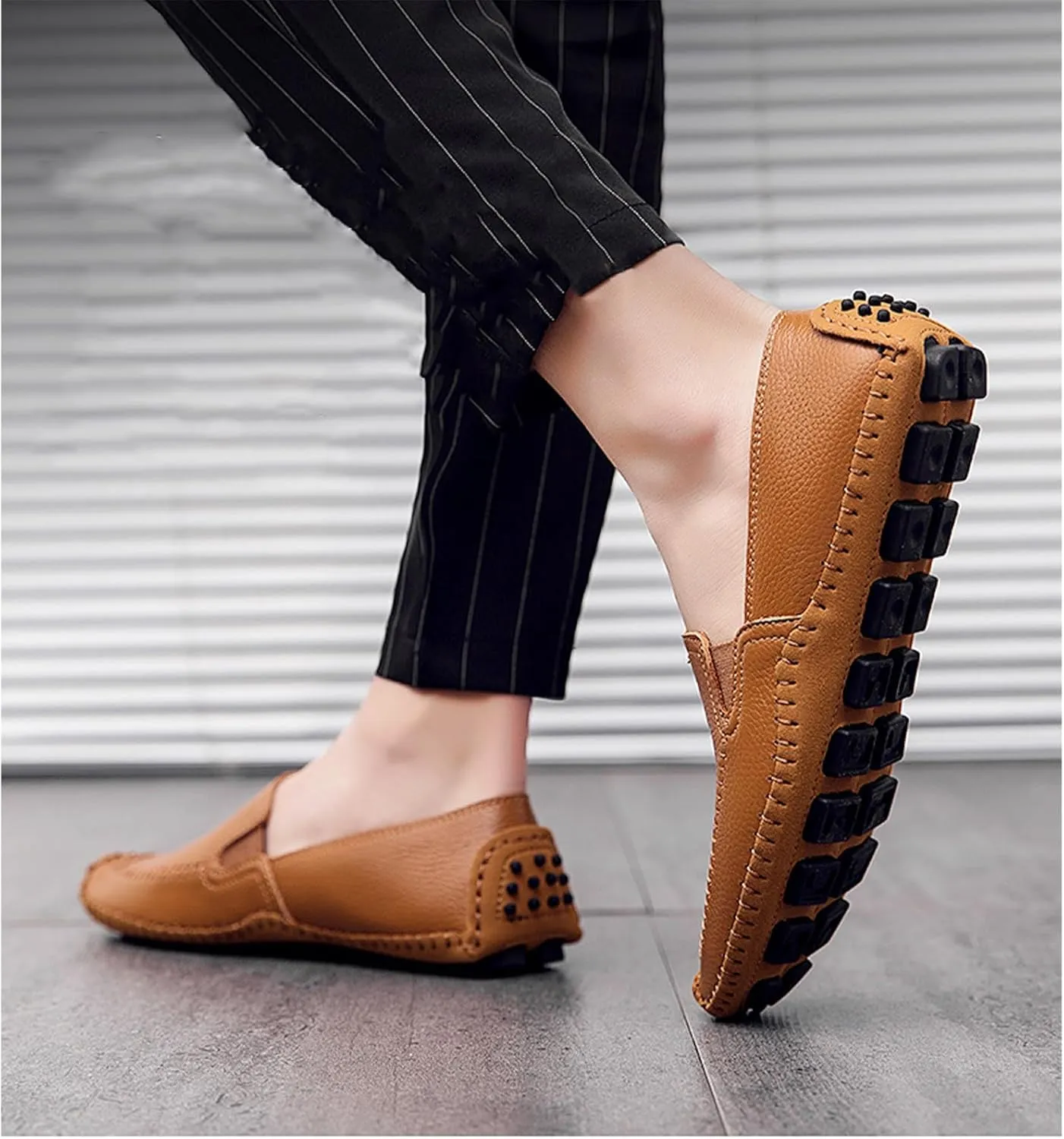 Menshand-Sewn Leather Anti Slip Flat Loafers Leisure Comfortable Slip On Soft Surface Bottom Flat Penny Driving Boat Shoes Lightweight Elastic Band Classic Formal Dress Leather Shoes