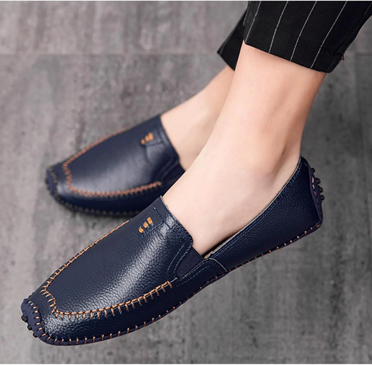 Menshand-Sewn Leather Anti Slip Flat Loafers Leisure Comfortable Slip On Soft Surface Bottom Flat Penny Driving Boat Shoes Lightweight Elastic Band Classic Formal Dress Leather Shoes