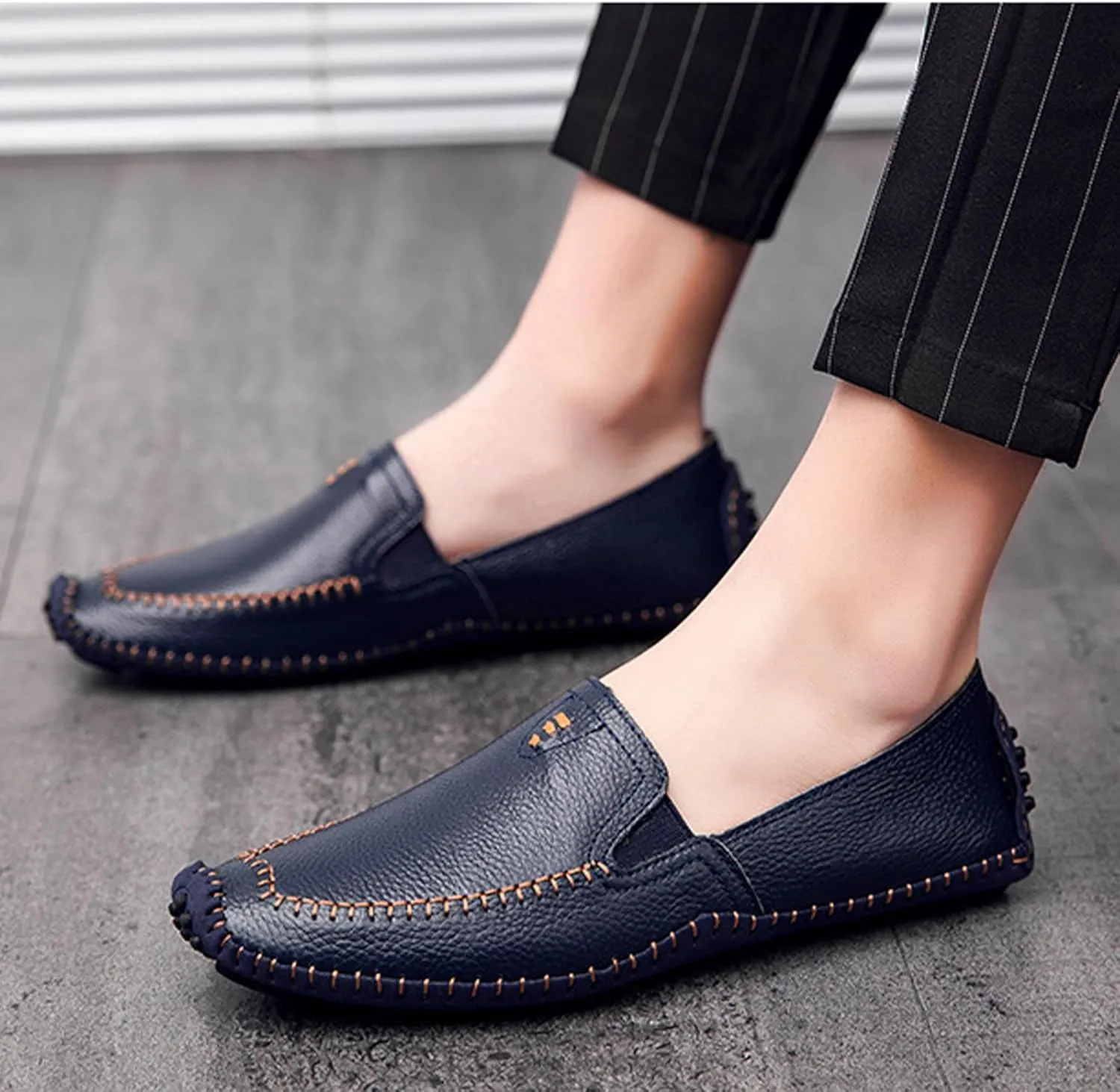Menshand-Sewn Leather Anti Slip Flat Loafers Leisure Comfortable Slip On Soft Surface Bottom Flat Penny Driving Boat Shoes Lightweight Elastic Band Classic Formal Dress Leather Shoes