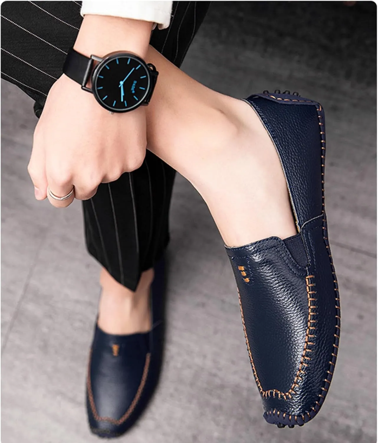 Menshand-Sewn Leather Anti Slip Flat Loafers Leisure Comfortable Slip On Soft Surface Bottom Flat Penny Driving Boat Shoes Lightweight Elastic Band Classic Formal Dress Leather Shoes