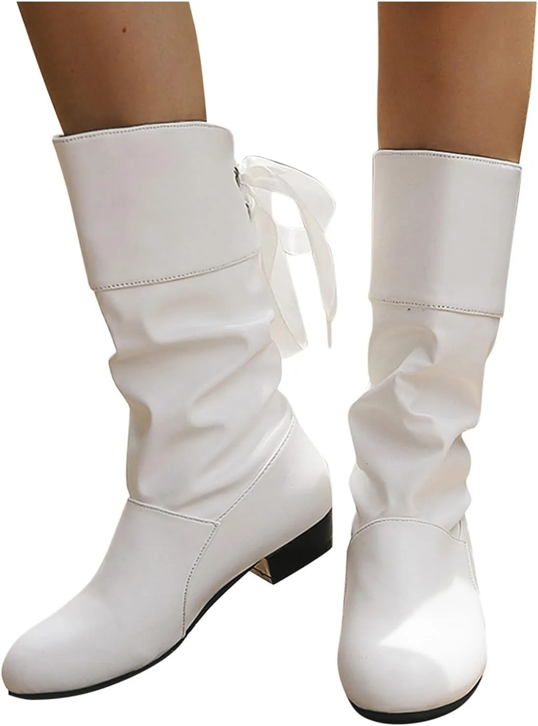 Mid Calf Boots for Women Low Heel,Casual Pull On Faux Leather Boots Fashion Lace Up Biker Boots Comfy Walking Shoes